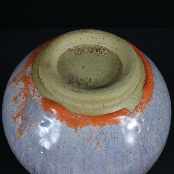 Art Pottery Blue Orange Drip Glaze Vibrant Vase Signed By Artist - Picture 9 of 14